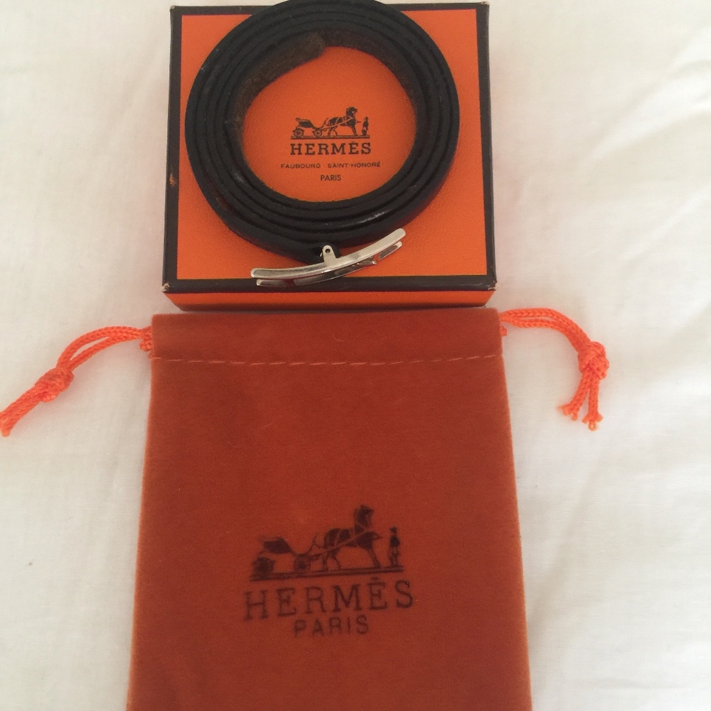 AUTH HERMES HAPI BLK LEATHER WRAP BANGLE BRACELET